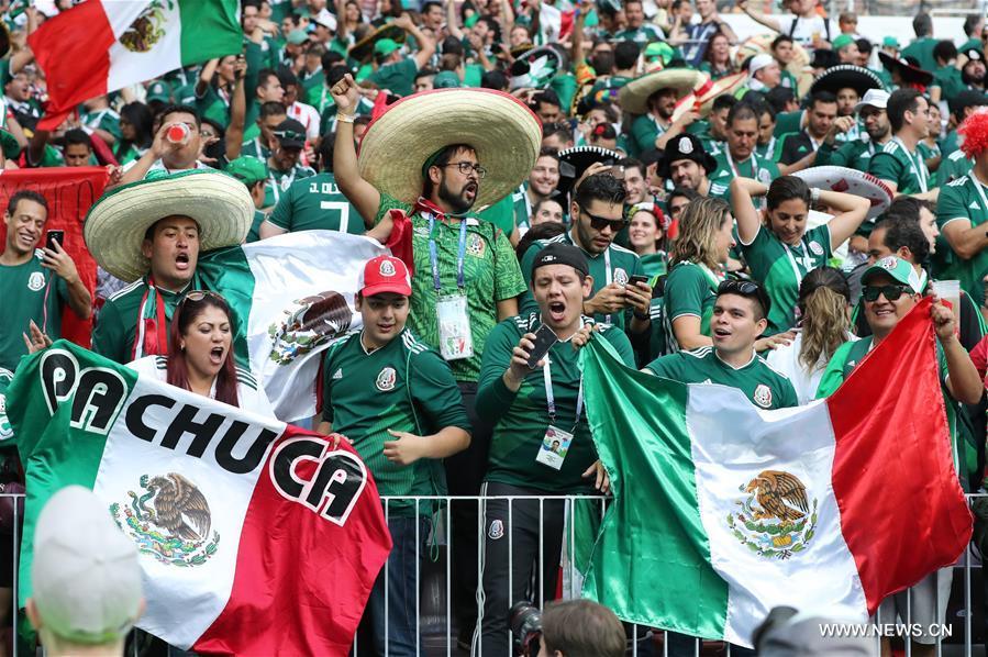 Fans of Mexico celebrate victory after a group F match between Germany and Mexico at the 2018 FIFA World Cup in Moscow, Russia, June 17, 2018. Mexico won 1-0. (Xinhua/Xu Zijian)