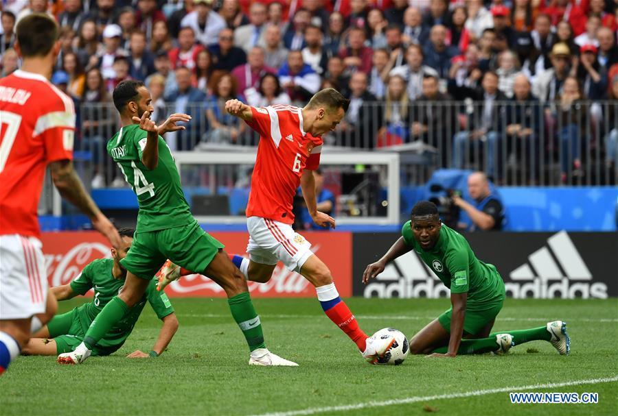 Russia\'s Denis Cheryshev (2nd R) scores his goal against Saudi Arabia during the opening match of the 2018 FIFA World Cup in Moscow, Russia, on June 14, 2018. (Xinhua/Liu Dawei)
A look at the highlights and lowlights of the World Cup group stage in Russia.
Biggest impact
Russia winger Denis Cheryshev started the first match against Saudi Arabia on the bench but was introduced in the 24th minute after an injury to Alan Dzagoev. He made his presence felt almost immediately and struck two superbly taken goals as the hosts romped to a 5-0 victory in Moscow. The Villarreal player scored again in Russia\'s 3-1 win over Egypt.
