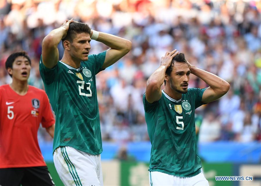 Mario Gomez (C) and Mats Hummels of Germany react during the 2018 FIFA World Cup Group F match between Germany and South Korea in Kazan, Russia, June 27, 2018. (Xinhua/Li Ga)
Biggest disappointment
Germany continued the World Cup champions\' curse by becoming the third successive holders to bow out in the group stage. Even in their only victory against Sweden - which came courtesy of a brilliant Toni Kroos free-kick routine - Joachim Loew\'s men looked a shadow of their former selves. Questions will be asked about the international future of several players while Loew has also said he will take time to consider his position.