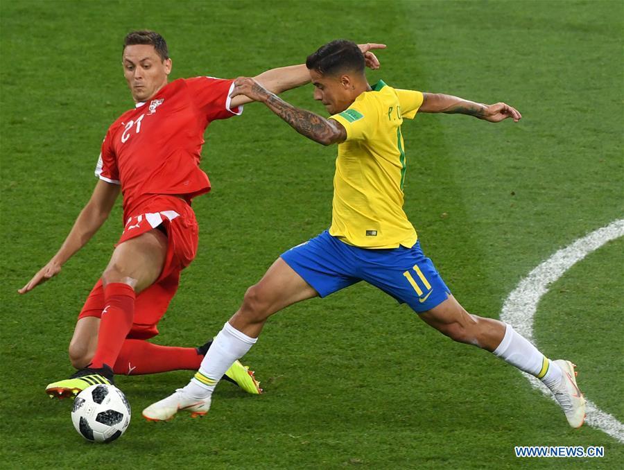 Philippe Coutinho (R) of Brazil vies with Nemanja Matic of Serbia during the 2018 FIFA World Cup Group E match between Brazil and Serbia in Moscow, Russia, June 27, 2018. Brazil won 2-0 and advanced to the round of 16. (Xinhua/Wang Yuguo)
Most consistent player
Brazil have failed to impress overall but one player to shine for the Selecao is Philippe Coutinho, the team\'s best player in each of their three matches to date. Deployed in a deeper midfield role, the 26-year-old has by some distance completed more passes than any other Brazil player (200). He has also scored two goals and provided a sublime assist for Paulinho in Brazil\'s 2-0 win over Serbia.