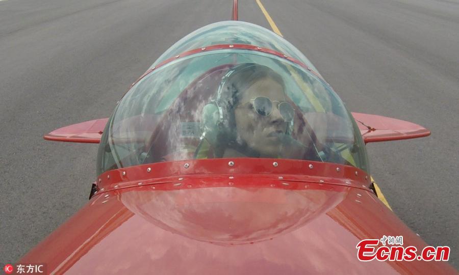 Semin Ozturk, Turkey\'s first professional female aerobatic pilot performs a demonstration flight with her \'Pitts S2-B\' plane that has Lycoming engine with 360 horsepower, in Eskisehir, Turkey, July 01, 2018. A 27-year-old aerobatic pilot, Semin experienced her first aerobatic flight performing when she was 12 years old with her father Ali Ismet Ozturk who is also an aerobatic pilot. On Sept. 19, 2015, she realized her first airshow at Sivrihisar General Aviation Center. Ozturk will attend the Aeromania Airshow which will take place between July 14-15 and host 35 aerobatic pilots from many countries. (Photo/IC)