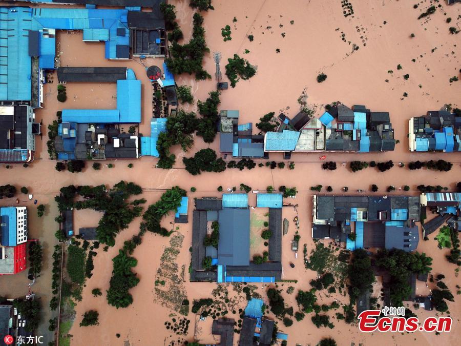 An aerial view of flooded areas in Shouan Town, Pujiang County, Southwest China’s Sichuan Province, July 2, 2018, after a rainstorm. (Photo/IC)