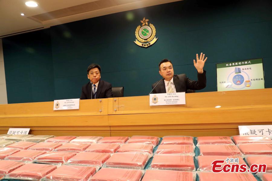 Hong Kong Customs show seized drugs, July 1, 2018. On June 30, Hong Kong Customs seized approximately 79 kilograms of suspected cocaine and one kilogram of suspected methamphetamine with an estimated market value of approximately $80 million in Tuen Mun. It is potentially the largest cocaine seize by Hong Kong Customs in five years. A 52-year-old Hong Kong man was arrested during the morning raid following a week-long operation. (Photo: China News Service/Hong Shaokui)