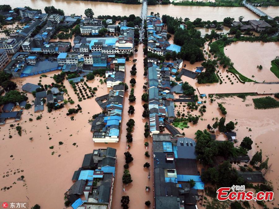 An aerial view of flooded areas in Shouan Town, Pujiang County, Southwest China’s Sichuan Province, July 2, 2018, after a rainstorm. (Photo/IC)