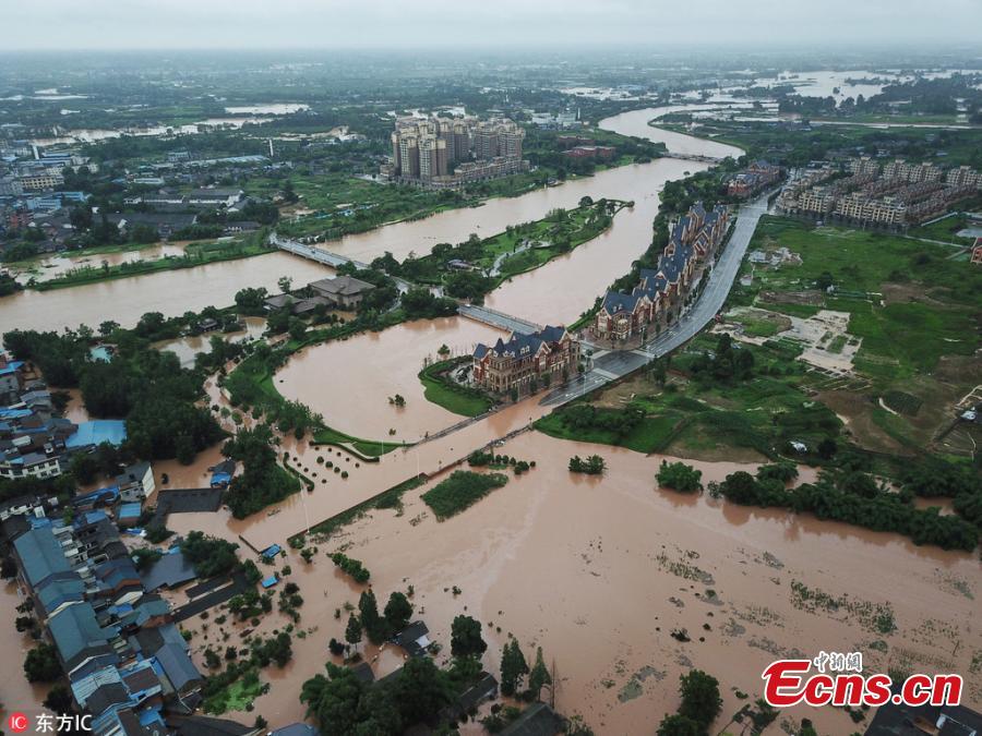 An aerial view of flooded areas in Shouan Town, Pujiang County, Southwest China’s Sichuan Province, July 2, 2018, after a rainstorm. (Photo/IC)