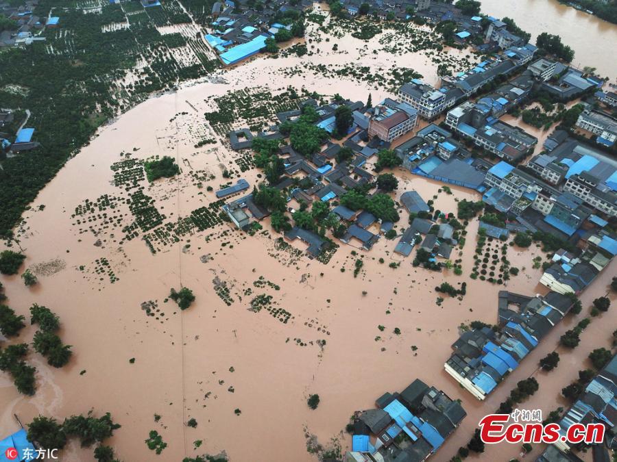 An aerial view of flooded areas in Shouan Town, Pujiang County, Southwest China’s Sichuan Province, July 2, 2018, after a rainstorm. (Photo/IC)