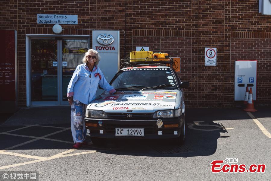 In June 2017, South Africa\'s Julia Albu, 80, departed her home in Cape Town in her 20-year old Toyota Conquest and drove it 12,000km across Africa, all the way to her daughter’s house in London. Driving her faithful Toyota Conquest, nicknamed “Tracy”, Julia had many adventures along the year-long trip and arrived in London to a hero’s welcome. (Photo/Agencies)