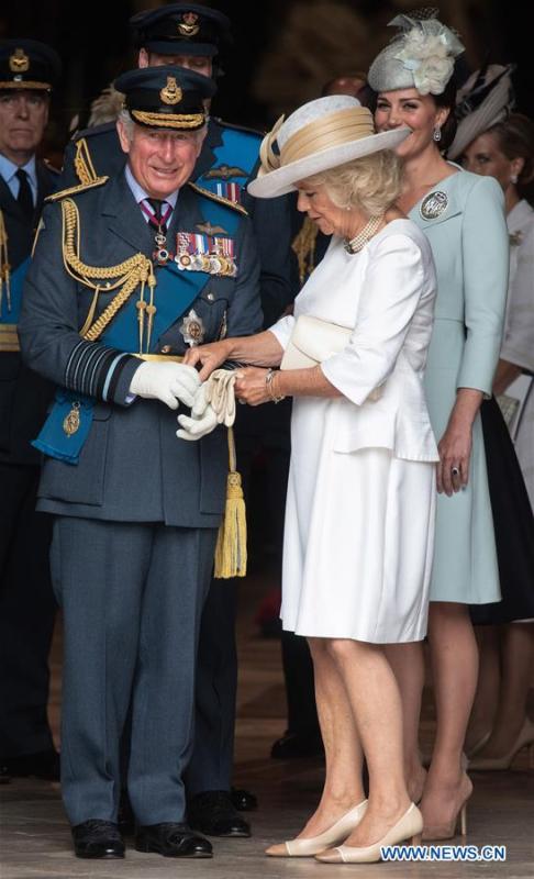 Britain\'s Prince Charles (L, front), Prince of Wales, and his wife Camilla (R, front), Duchess of Cornwall, attend a service at Westminster Abbey to mark the 100th anniversary of the Royal Air Force (RAF) in London, Britain on July 10, 2018. (Xinhua/Ray Tang)