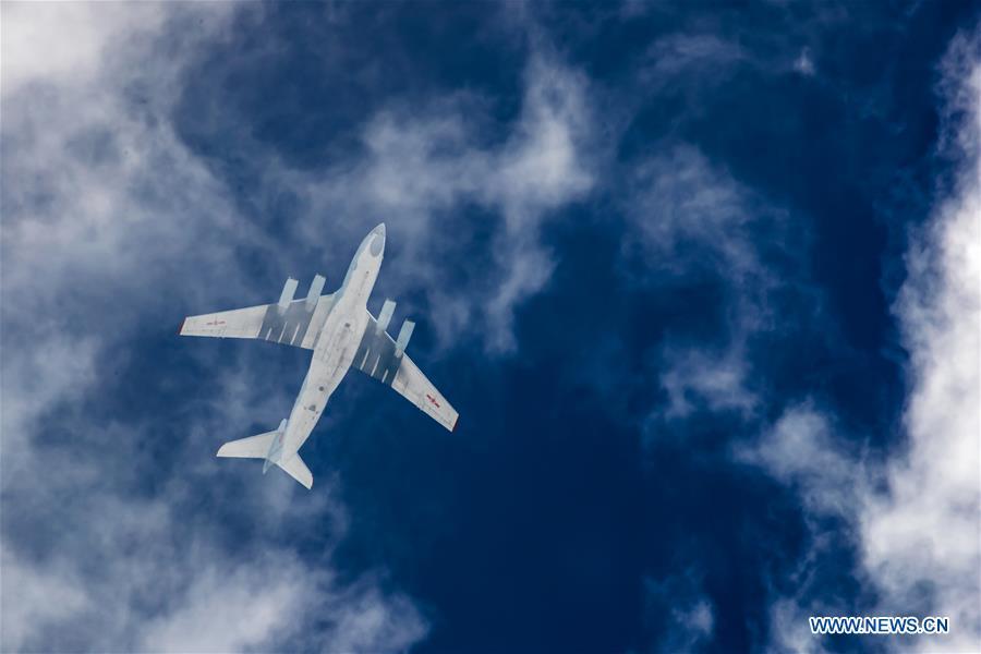 A PLA air force IL-76 transport aircraft is seen during a training module in preparation for the International Army Games on July 12, 2018. The Chinese People\'s Liberation Army (PLA) air force will send H-6K bombers, J-10A fighters, JH-7A fighter-bombers, IL-76 and Y-9 transport aircrafts, and a team of airborne troops to Russia to participate in the International Army Games 2018. It will be the first time that H-6K bombers and Y-9 transport aircraft have gone abroad to take part in military competitions.(Xinhua/Yang Pan)