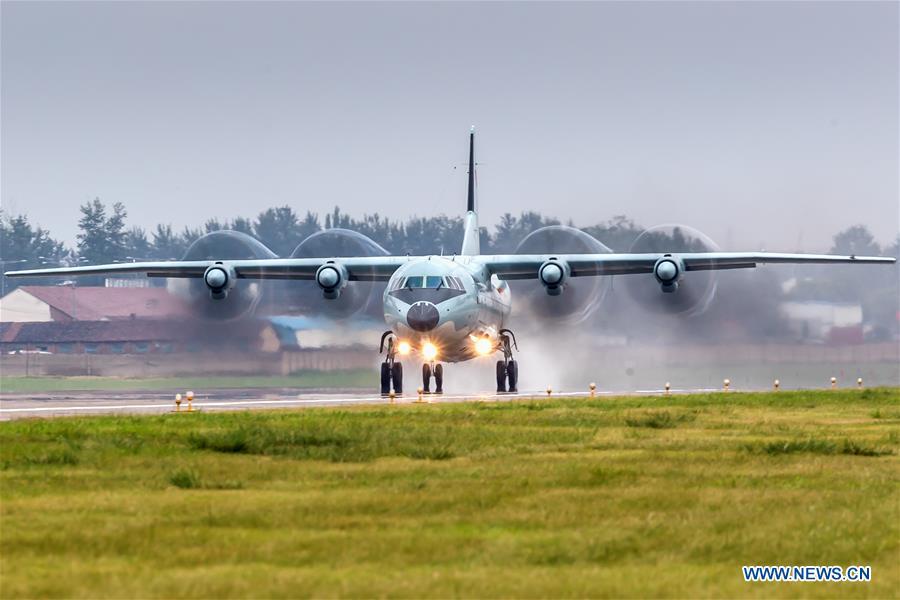 A PLA air force Y-9 transport aircraft is seen during a training module in preparation for the International Army Games on July 9, 2018. The Chinese People\'s Liberation Army (PLA) air force will send H-6K bombers, J-10A fighters, JH-7A fighter-bombers, IL-76 and Y-9 transport aircrafts, and a team of airborne troops to Russia to participate in the International Army Games 2018. It will be the first time that H-6K bombers and Y-9 transport aircraft have gone abroad to take part in military competitions.(Xinhua/Yang Pan)