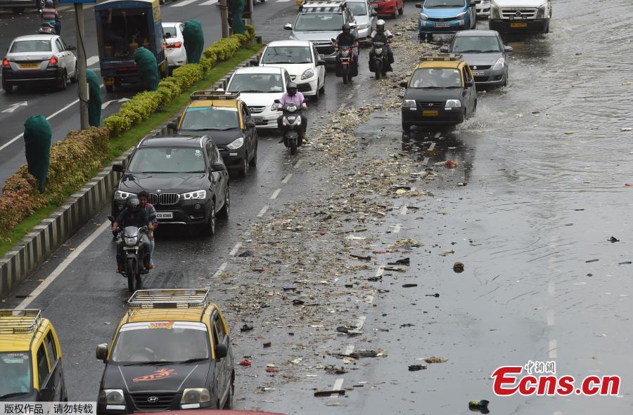 Garbage washed ashore during high tide on a road by the Arabian Sea in Mumbai, India, July 13, 2018. (Photo/Agencies)