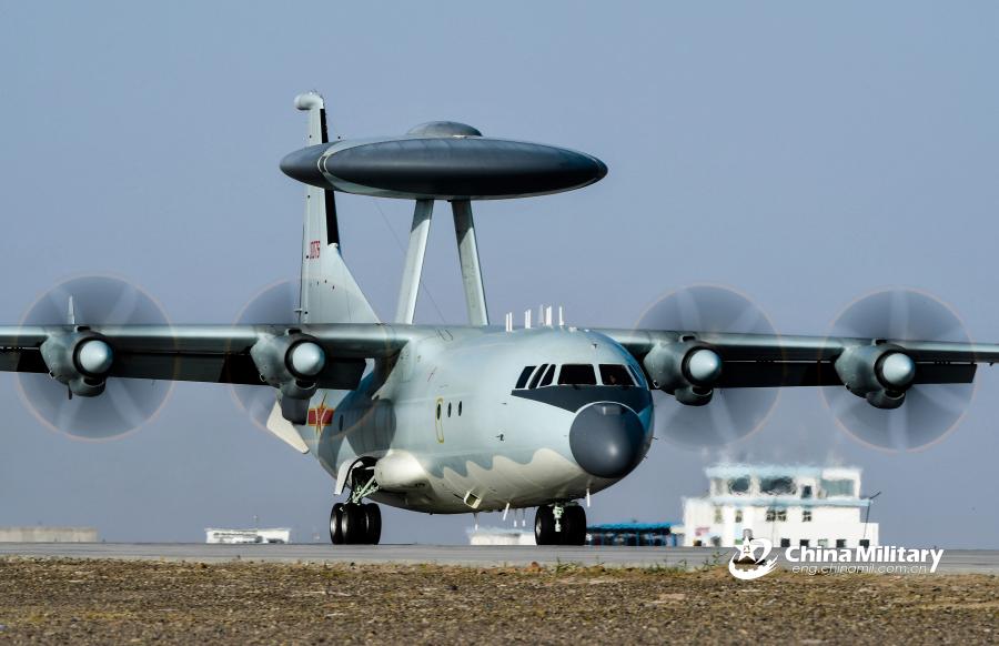 An airborne early warning (AEW) aircraft taxies on the runway before takeoff for a sortie during the \
