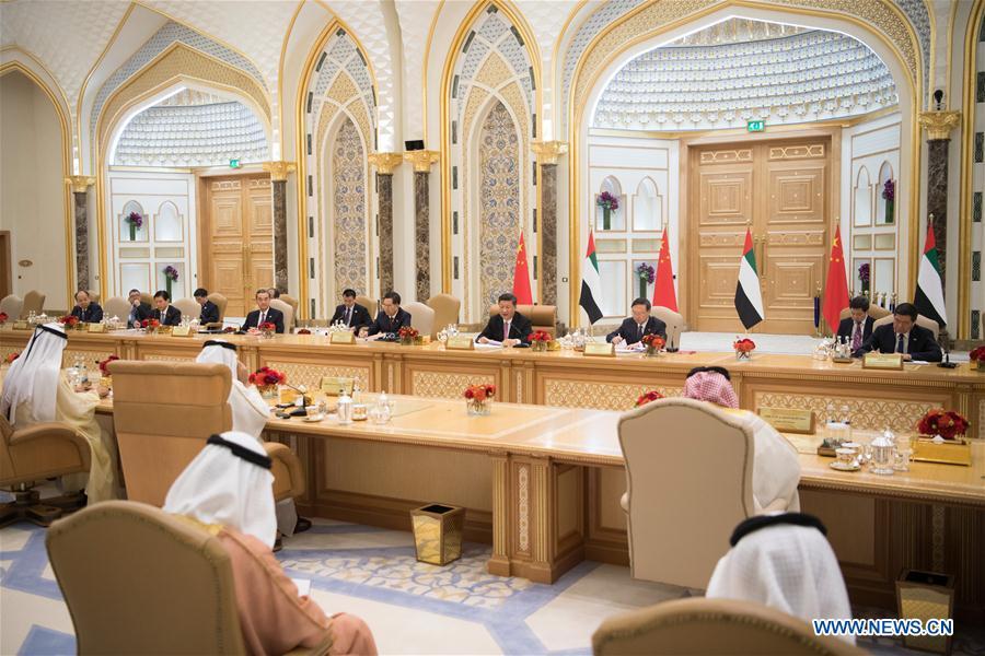 Chinese President Xi Jinping, holds talks with UAE Vice President and Prime Minister Sheikh Mohammed bin Rashid Al Maktoum and Crown Prince of Abu Dhabi Sheikh Mohammed bin Zayed Al Nahyan in Abu Dhabi, the United Arab Emirates (UAE), July 20, 2018. Xi arrived here on Thursday for a state visit to the UAE. (Xinhua/Li Xueren)
China and the United Arab Emirates (UAE) on Friday decided to upgrade their bilateral relations to a comprehensive strategic partnership.
The decision was made as visiting Chinese President Xi Jinping held talks here with UAE Vice President and Prime Minister Sheikh Mohammed bin Rashid Al Maktoum and Crown Prince of Abu Dhabi Sheikh Mohammed bin Zayed Al Nahyan.
By lifting their ties, China and the UAE will strengthen their bilateral in-depth cooperation in various fields, and promote continuous development of bilateral ties on higher levels, in broader areas and at greater depths.
Xi arrived here for a state visit to the UAE on Thursday, the first by a Chinese head of state in 29 years to the Arab state.
Xi expressed his gratefulness to the UAE for its grand welcome of his visit, which shows the friendliness of the UAE toward the Chinese people, as well as the great importance it attaches to its ties with China.
Xi recalled his meeting with the Crown Prince in Beijing in 2015 when the two sides reached many important consensuses on promoting bilateral friendly cooperation, saying that bilateral relations have since entered a new stage of development that is comprehensive, fast and in-depth.
China-UAE cooperation has a bright prospect and great potentials, stressed the Chinese leader.
The establishment of a comprehensive strategic partnership will be conducive to deepening strategic mutual trust and lifting the level of mutually beneficial cooperation, Xi said.
He said he is confident that China and the UAE can become good friends and good partners who learn from and help each other, and achieve common development and prosperity.
The Chinese president conveyed his warm regards to UAE President Sheikh Khalifa bin Zayed Al Nahyan, and wished him an early recovery.
Xi called on the two countries to translate the China-UAE comprehensive strategic partnership into concrete achievements, cement political mutual trust, continue to take care of each other\'s core interests and major concerns, and support each other\'s pursuit of development path that suits themselves.
China and the UAE, Xi said, are natural partners for jointly building the Belt and Road. China regards the UAE as a key pivot in implementing the Belt and Road Initiative and appreciates the Crown Prince\'s vision of revitalizing the ancient Silk Road.
The two sides need to create stronger links between their development strategies, strengthen communications on industrial policies and plan and manage well the flagship projects within the framework of the Belt and Road Initiative, so as to boost the economic development of the Middle East region and the Gulf region.
China is willing to work with the UAE to build an all-round and all dimensional energy cooperation pattern, deepen investment and financial cooperation, and promote cooperation in the area of innovation, Xi said.
He also urged the two countries to strengthen security cooperation and fight against all forms of terrorism.
People-to-people exchanges should be enhanced while inclusiveness and mutual learning between different regions and cultures should be further encouraged, noted the Chinese president.
China is willing to share its experience with the UAE to make the World Expo 2020 in Dubai an impressive event, Xi said.
At present, the majority of people in West Asia and North Africa are longing for social stability, said the Chinese leader, adding that peace, reform and development are today\'s irresistible trend.
China stands ready to work with the UAE to deepen strategic cooperation, explore ways of achieving peace through development in the Middle East, address hotspot issues via political channels, so as to jointly promote the security and stability of the region, Xi said.
During his talks with Xi, UAE Vice President and Prime Minister Sheikh Mohammed bin Rashid Al Maktoum said he hopes President Xi will feel at home during the visit.
The UAE admires China\'s development model and its achievements, appreciates its pursuit of an opening-up development strategy, said the UAE vice president and prime minister, adding that his country is willing to carry out closer cooperation with China in a wide range of areas and stay as a reliable friend of China.
He said he is confident that Xi\'s visit will bring UAE-China partnership to a new height, and pledged that his country will continue its active participation in the Belt and Road Initiative.
Crown Prince of Abu Dhabi Sheikh Mohammed bin Zayed Al Nahyan, for his part, said that his visit to China in 2015 remains fresh in his memory, and that his country is delighted to host President Xi for this historic visit.
The UAE fully agrees with Xi\'s foresight and concept in governance, he said, adding that he believes that China will have a bright future and make greater contributions to world peace and human progress.
The Crown Prince pointed to the great potentials in bilateral cooperation in such areas as politics, economy, finance, science and technology, energy and people-to-people exchanges, saying that it is always the priority in the UAE\'s diplomacy to deepen its traditional, strategic and friendly ties with China, which the UAE sees as a brother.
The UAE firmly sticks to the one China policy, appreciates China\'s important role in international affairs, and will strengthen communication and coordination with China on major issues like development and counter-terrorism, said the Crown Prince.
After the talks, the two sides issued a joint declaration on establishing a comprehensive strategic partnership. Leaders from both sides witnessed the signing of the cooperative document on the Belt and Road Initiative.
President Xi was conferred with the Order of Zayed, the UAE\'s highest civil decoration, by the Crown Prince, who also gave Xi an Arabian horse as present. Arabian horses are given as diplomatic gifts to distinguished guests by the UAE\'s royal family.