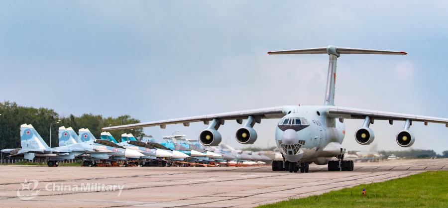 An IL-76 transport aircraft taxies on the runway after landing at the airport on July 20. All aircraft of the PLA Air Force to participate in the \