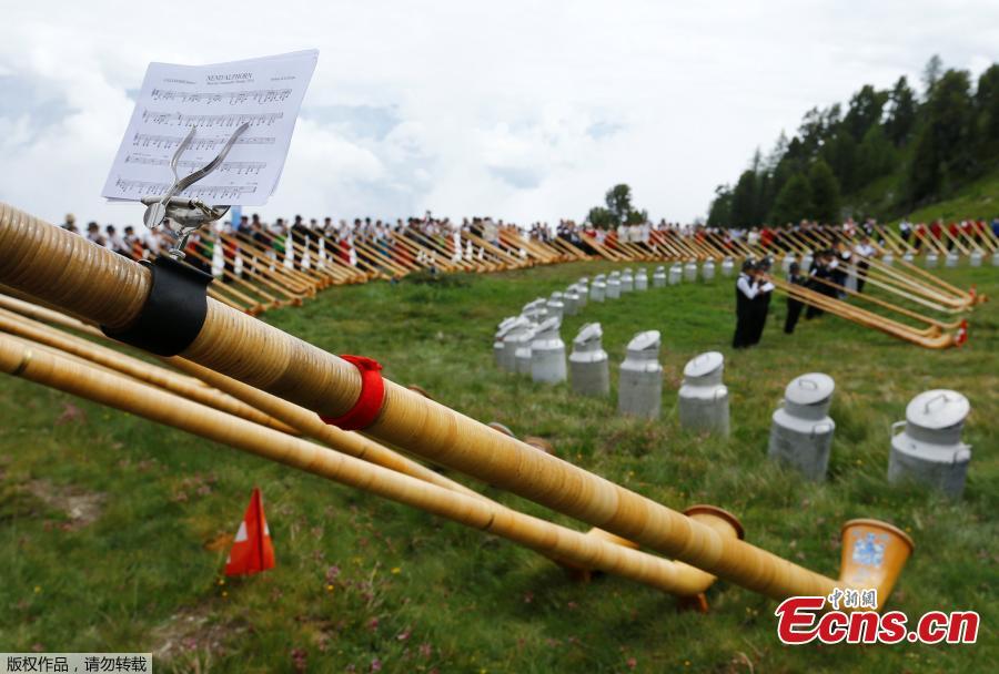 Alphorn blowers perform an ensemble piece on the last day of the Alphorn International Festival on the alp of Tracouet in Nendaz, southern Switzerland, July 22, 2018. The soft sounds of hundreds of wooden Swiss alpine horns filled the valley below Switzerland’s Mount Tracouet on Sunday, as the world’s largest festival of its kind concluded after three days. (Photo/Agencies)