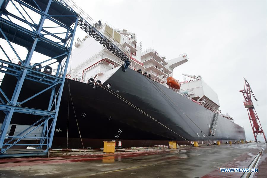 Photo taken on July 5, 2018 shows a ship of PULNG project at Hudong-Zhonghua Shipbuilding (Group) Co., Ltd. in east China\'s Shanghai. This year marks the 40th anniversary of China\'s reform and opening-up policy. (Xinhua/Shen Bohan)