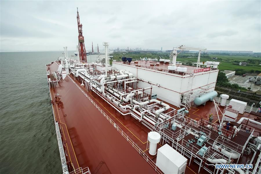 Photo taken on July 5, 2018 shows a ship of PULNG project at Hudong-Zhonghua Shipbuilding (Group) Co., Ltd. in east China\'s Shanghai. This year marks the 40th anniversary of China\'s reform and opening-up policy. (Xinhua/Shen Bohan)