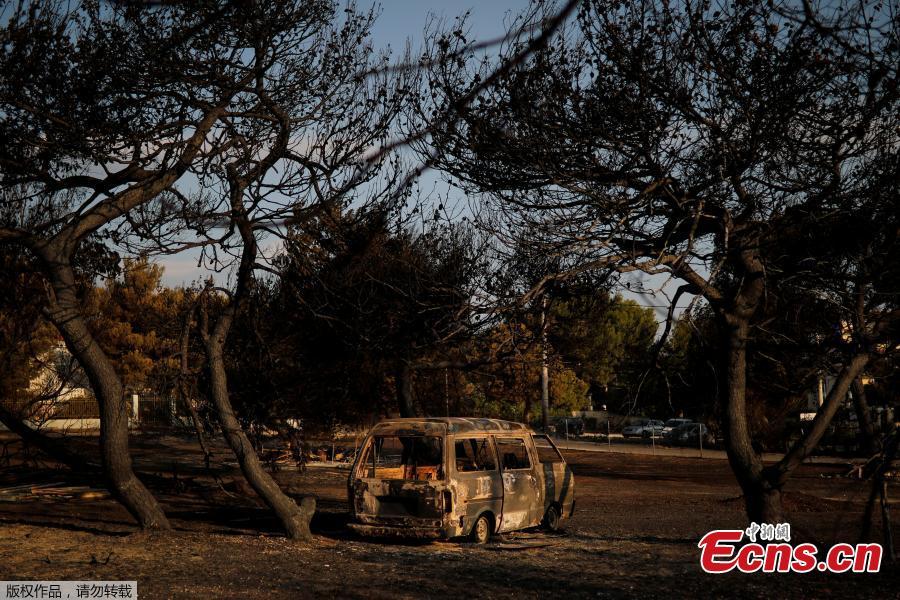 Burnt trees and a destroyed car are seen on a field following a wildfire at the village of Mati, near Athens, Greece, July 25, 2018. (Photo/Agencies)