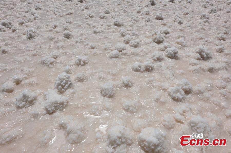 A view of the Qarhan salt lake in Golmud, Northwest China\'s Qinghai Province, July 25, 2018. The Qarhan salt lake, with a total area of 5,856 square kilometers, is the largest salt lake in China. The lake\'s abundant deposit of halide salts makes it a major mineral center. In the vast lake, the salt blossoms like flowers and takes the form of pillars, corals and pearls. (Photo: China News Service/Fu Yu).