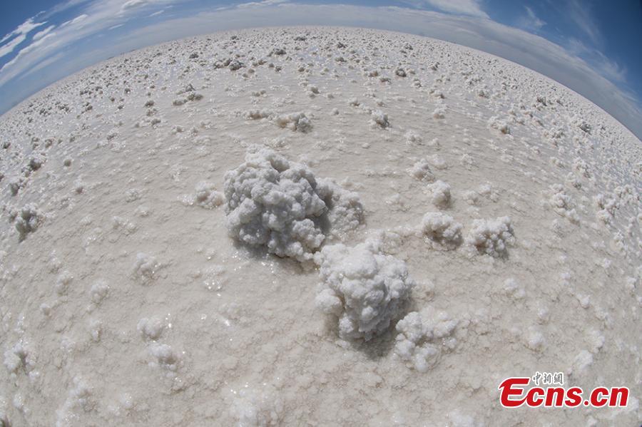 A view of the Qarhan salt lake in Golmud, Northwest China\'s Qinghai Province, July 25, 2018. The Qarhan salt lake, with a total area of 5,856 square kilometers, is the largest salt lake in China. The lake\'s abundant deposit of halide salts makes it a major mineral center. In the vast lake, the salt blossoms like flowers and takes the form of pillars, corals and pearls. (Photo: China News Service/Fu Yu).