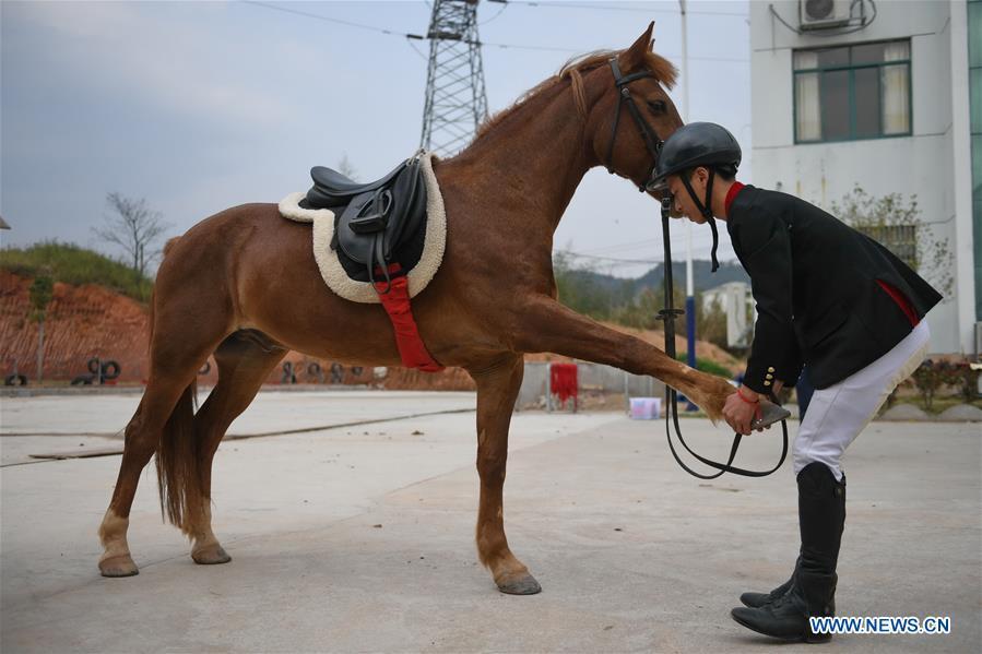 Huang Wanpeng, a student of Sunshine Riding School, helps a horse stretch itself prior to a training session in Yihuang County of Fuzhou, east China\'s Jiangxi Province, March 14, 2018. Equestrianism had never been heard of in Yihuang, an agricultural county in east China\'s Jiangxi Province, until Sunshine Riding School began recruiting rural teenagers in 2015. So far, most of the 90 students are working or aspiring to work in horse riding clubs in China\'s largest cities such as Beijing, Shanghai and Hangzhou. (Xinhua/Zhou Mi)