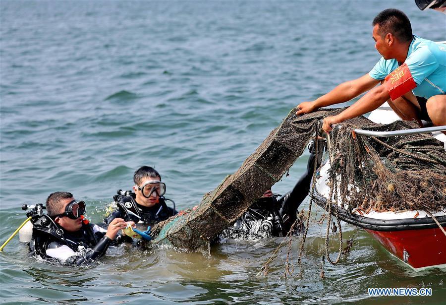 Volunteers clean up marine trash during an event calling for attention to marine ecology protection at the Golden Dream Bay in Qinhuangdao, north China\'s Hebei Province, July 27, 2018. (Xinhua/Cao Jianxiong)