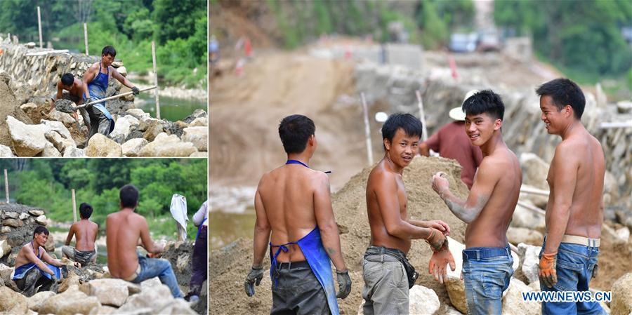 The combined photo taken on July 27, 2018 shows workers at the construction site of a road in Rongshui Miao Autonomous County, south China\'s Guangxi Zhuang Autonomous Region. The county government plans to build roads of 197 kilometers long before 2020, expecting to benefit over 260,000 people in 11 towns and villages. Due to harsh environmental conditions, Rongshui has long been a less developed area in China. Up to now, there are still 76,800 impoverished people living in the county. In recent years, the local government carries out effective methods for poverty alleviation, helping local people to build roads, repair houses, improve education and develop industry. (Xinhua/Huang Xiaobang)