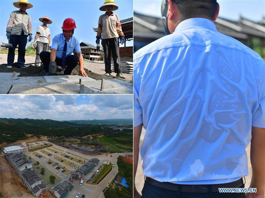 The combined photo shows the construction site of the Shuanglonggou Forest Tourist Resort in Rongshui Miao Autonomous County, south China\'s Guangxi Zhuang Autonomous Region, July 19, 2018 (L, bottom) and the vice general manager of the resort, Pan Guixian, instructs the workers at the construction site (L, top) with his shirt soaked by sweat in the summer heat (R), July 20, 2018. Due to harsh environmental conditions, Rongshui has long been a less developed area in China. Up to now, there are still 76,800 impoverished people living in the county. In recent years, the local government carries out effective methods for poverty alleviation, helping local people to build roads, repair houses, improve education and develop industry. (Xinhua/Huang Xiaobang)