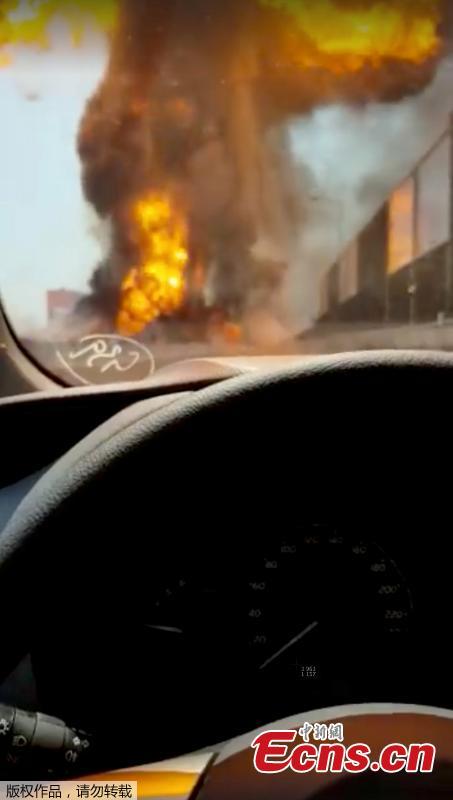 This frame grab taken from a video shows the moment a truck that was transporting flammable substances explodes after colliding with another truck on a highway in the outskirts of Bologna, Italy, Aug. 6, 2018. The explosion killed at least two people and injured up to 70 as a section of the thoroughfare collapsed, police said. (Photo/Agencies)