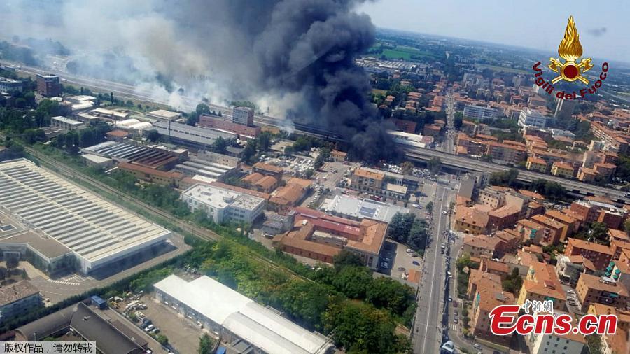 This photo released by the Italian firefighters shows a helicopter view of the explosion on a highway in the outskirts of Bologna, Italy, Aug. 6, 2018. The explosion killed at least two people and injured up to 70 as a section of the thoroughfare collapsed, police said. (Photo/Agencies)