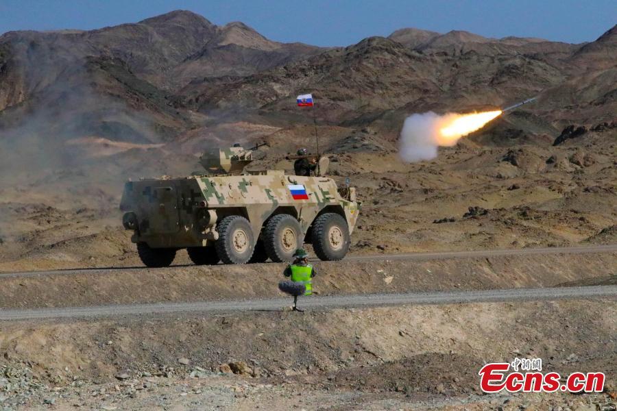 A Russian military vehicle takes part in the \