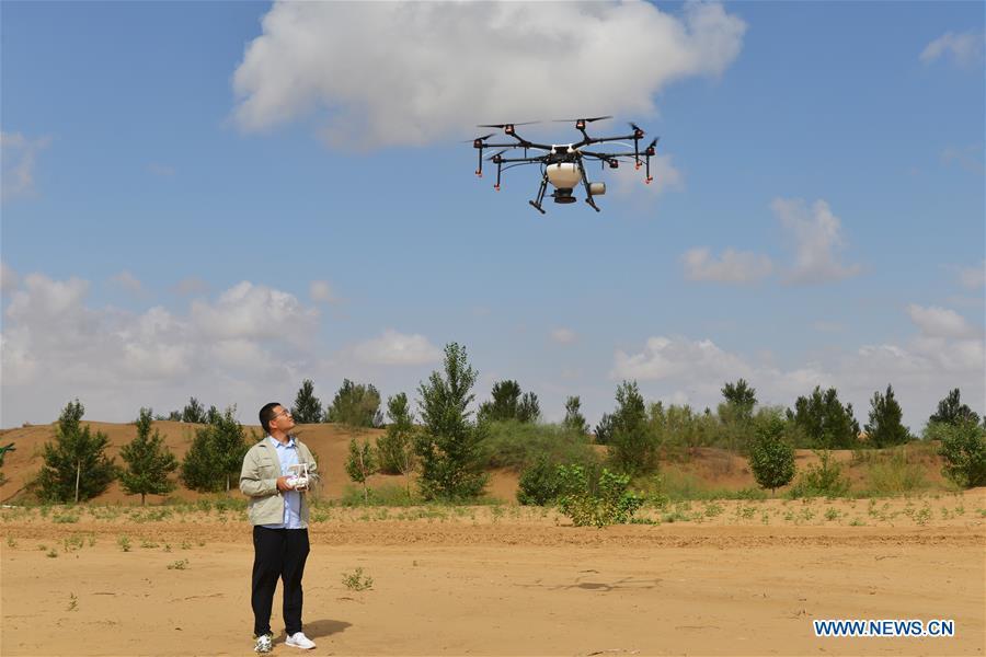 A technician controls a drone to sow seeds at the Kubuqi Desert, north China\'s Inner Mongolia Autonomous Region, July 24, 2018. Kubuqi, the seventh largest desert in China, is a good example of China\'s success in alleviating desertification. About 6,460 square kilometers of the Kubuqi desert has been reclaimed in the last 30 years. (Xinhua/Zou Yu)