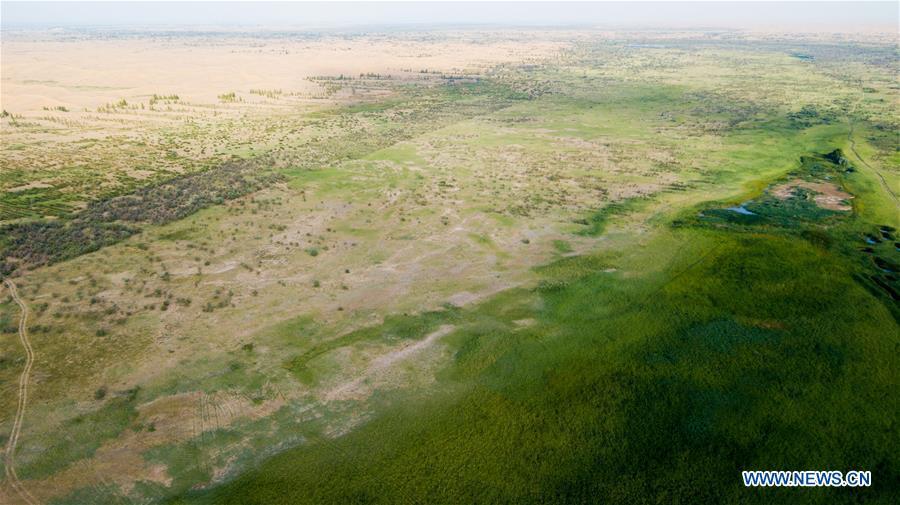 Aerial photo taken on July 11, 2018 shows the view of eco-environment restoration at the Kubuqi Desert in Hangjin Banner, north China\'s Inner Mongolia Autonomous Region. Kubuqi, the seventh largest desert in China, is a good example of China\'s success in alleviating desertification. About 6,460 square kilometers of the Kubuqi desert has been reclaimed in the last 30 years. (Xinhua/Peng Yuan)