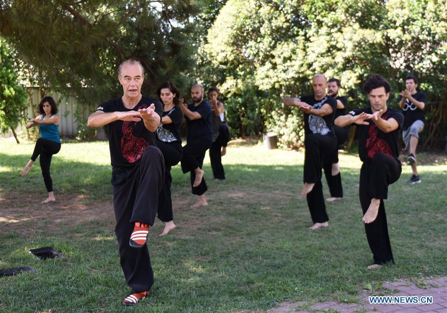 Turkish Tai Chi instructor Esat Atac (front) leads his students to practice Tai Chi, an ancient Chinese martial art, in Istanbul, Turkey, on Aug. 9, 2018. Tai Chi has recently become an appealing activity, especially for those who feel stressed out living in big cities like Istanbul, according to Mustafa Karslioglu, deputy head of the Turkish-Chinese Cultural Association. (Xinhua/He Canling)