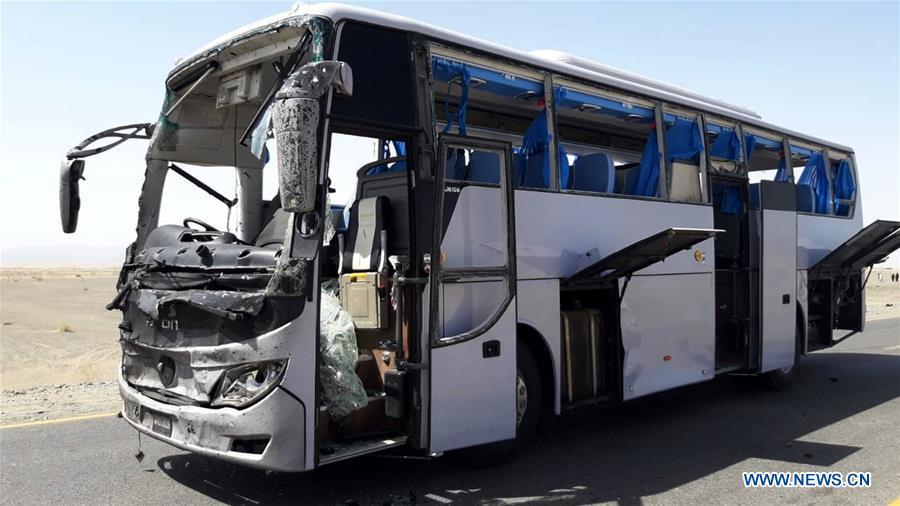 A damaged bus is seen at the site of a suicide blast in Pakistan\'s southwestern Balochistan province on Aug. 11, 2018. A suicide attack injured six people including three Chinese workers here on Saturday, the Chinese Embassy to Pakistan said. (Xinhua/Stringer)