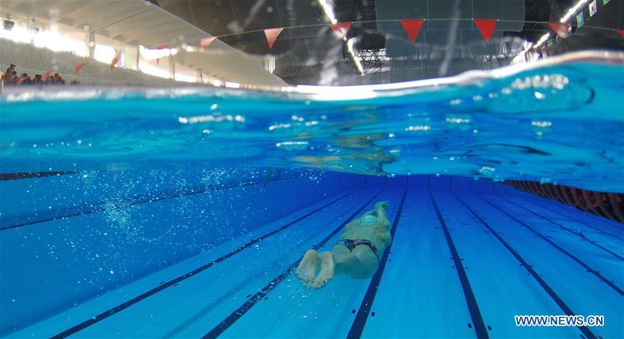 Chinese swimming athlete Sun Yang practices in the pool for the upcoming Asian Games in Jakarta, Indonesia, on Aug. 15, 2018. (Xinhua/Fei Maohua)