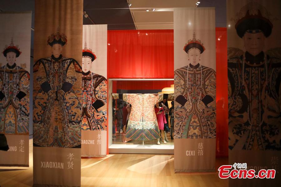 Photo taken on Aug. 16, 2018 shows the Empresses of China\'s Forbidden City Exhibition at the Peabody Essex Museum in Boston, the United States. This exhibition is the first to explore the role of empresses in shaping China’s last dynasty -- the Qing -- from 1644 to 1911. Nearly 200 spectacular objects from the Palace Museum tell the little-known stories of how imperial women influenced court politics, art and religion. (Photo: China News Service/Liao Pan)