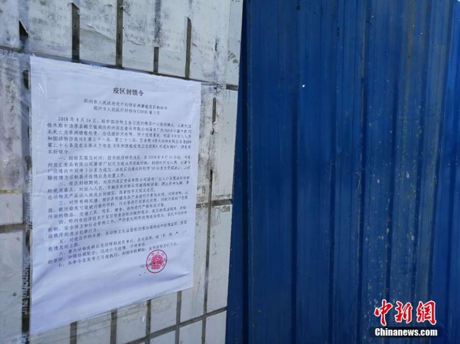 Disinfection measures are taken at a plant of Shuanghui Group, China\'s largest pork producer and processor, in Zhengzhou City, Central China’s Henan Province, Aug. 17, 2018. Shuanghui’s plant reported an outbreak of African swine fever among 30 of 260 pigs bought from a market in Heilongjiang Province. The slaughterhouse is now closed for six weeks. (Photo: China News Service/Liu Peng)