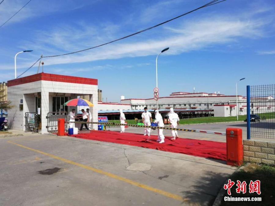 Workers are disinfected at the entrance to a plant of Shuanghui Group, China\'s largest pork producer and processor, in Zhengzhou City, Central China’s Henan Province, Aug. 17, 2018. Shuanghui’s plant reported an outbreak of African swine fever among 30 of 260 pigs bought from a market in Heilongjiang Province. The slaughterhouse is now closed for six weeks. (Photo: China News Service/Liu Peng)