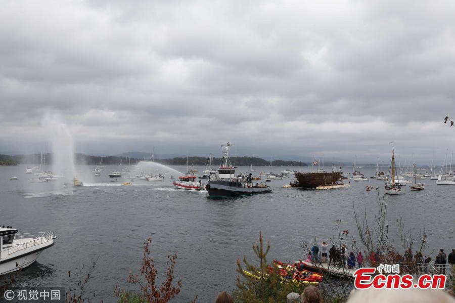 The hulk of polar explorer ship named Maud, arrives at her final resting place at Vollen, Norway, the place where she was built, Aug. 18, 2018, the culmination of project \