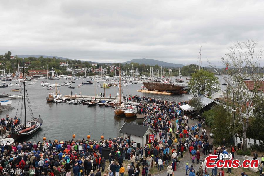 The hulk of polar explorer ship named Maud, arrives at her final resting place at Vollen, Norway, the place where she was built, Aug. 18, 2018, the culmination of project \