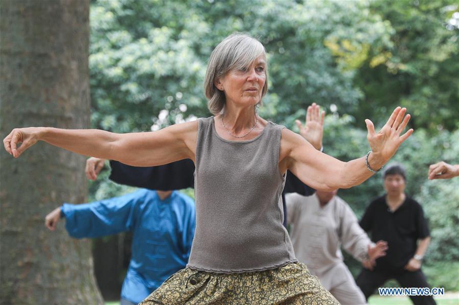 People learn Tai Chi at the Cinquantenaire park in Brussels, Belgium, Aug. 21, 2018. Every Tuesday and Friday afternoon, free Chinese Tai Chi class is held here and it attracts many local residents in Brussels. (Xinhua/Zheng Huansong)
