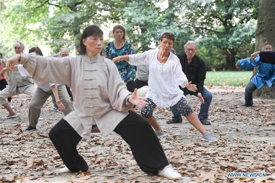 People learn Tai Chi at the Cinquantenaire park in Brussels, Belgium, Aug. 21, 2018. Every Tuesday and Friday afternoon, free Chinese Tai Chi class is held here and it attracts many local residents in Brussels. (Xinhua/Zheng Huansong)