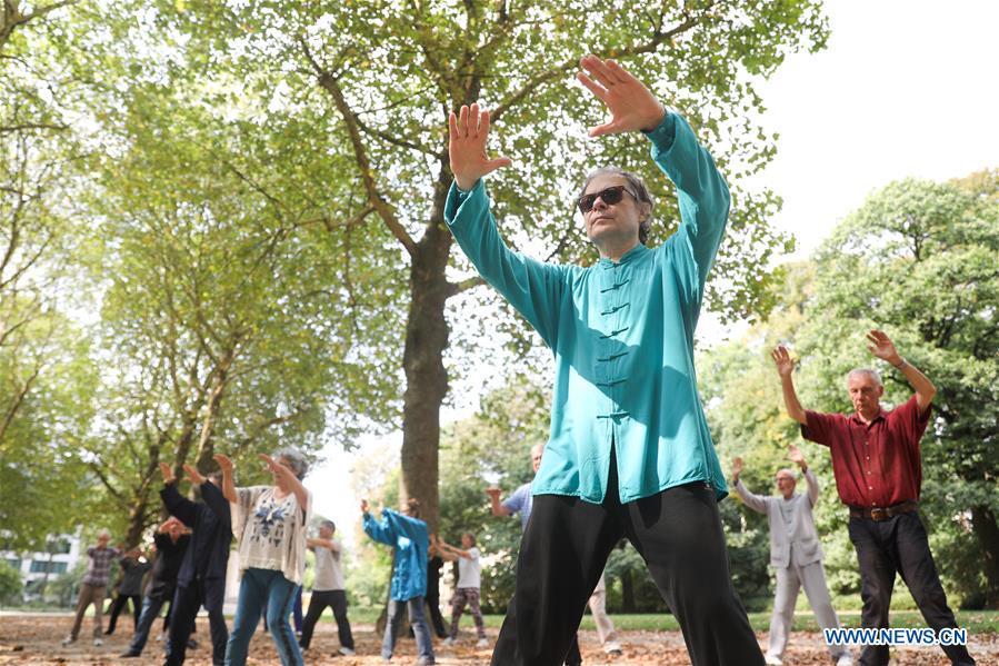 People learn Tai Chi at the Cinquantenaire park in Brussels, Belgium, Aug. 21, 2018. Every Tuesday and Friday afternoon, free Chinese Tai Chi class is held here and it attracts many local residents in Brussels. (Xinhua/Zheng Huansong)