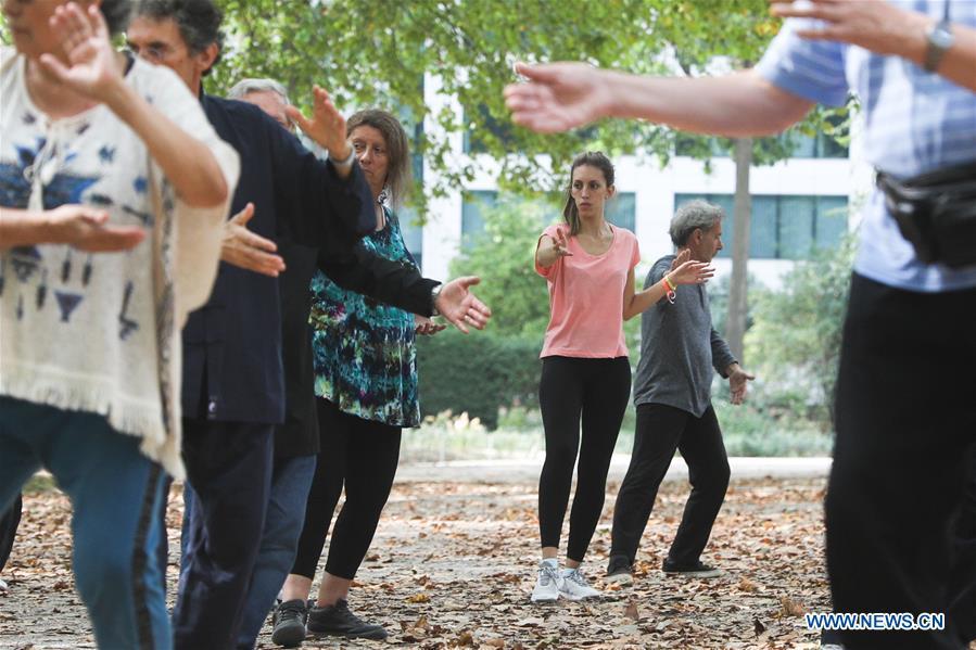 People learn Tai Chi at the Cinquantenaire park in Brussels, Belgium, Aug. 21, 2018. Every Tuesday and Friday afternoon, free Chinese Tai Chi class is held here and it attracts many local residents in Brussels. (Xinhua/Zheng Huansong)