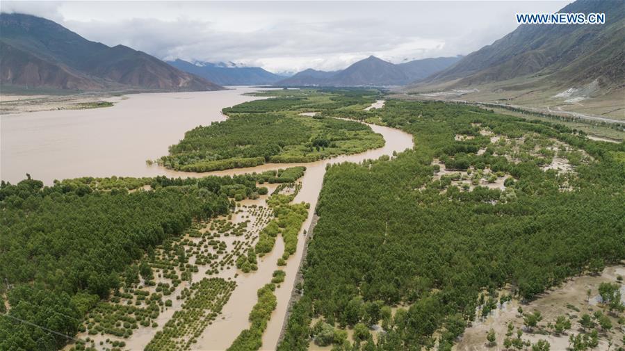 Aerial photo taken on July 23, 2018 shows a shelterbelt forest along Yarlung Zangbo River in Naidong District of Shannan, southwest China\'s Tibet Autonomous Region. Over the past four decades, the Shannan people have made achievements in desert control by building a 1.8-kilometer-wide \