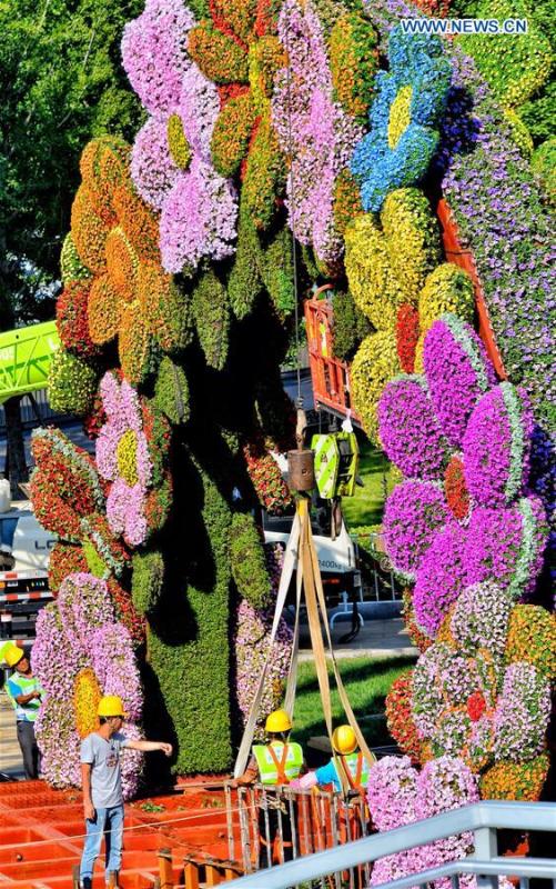 Gardeners arrange a parterre at the Dongdan crossing in Beijing, capital of China, Aug. 23, 2018. Parterres were set up in Beijing to receive the upcoming Forum on China-Africa Cooperation (FOCAC) summit. (Xinhua/Li Xin)