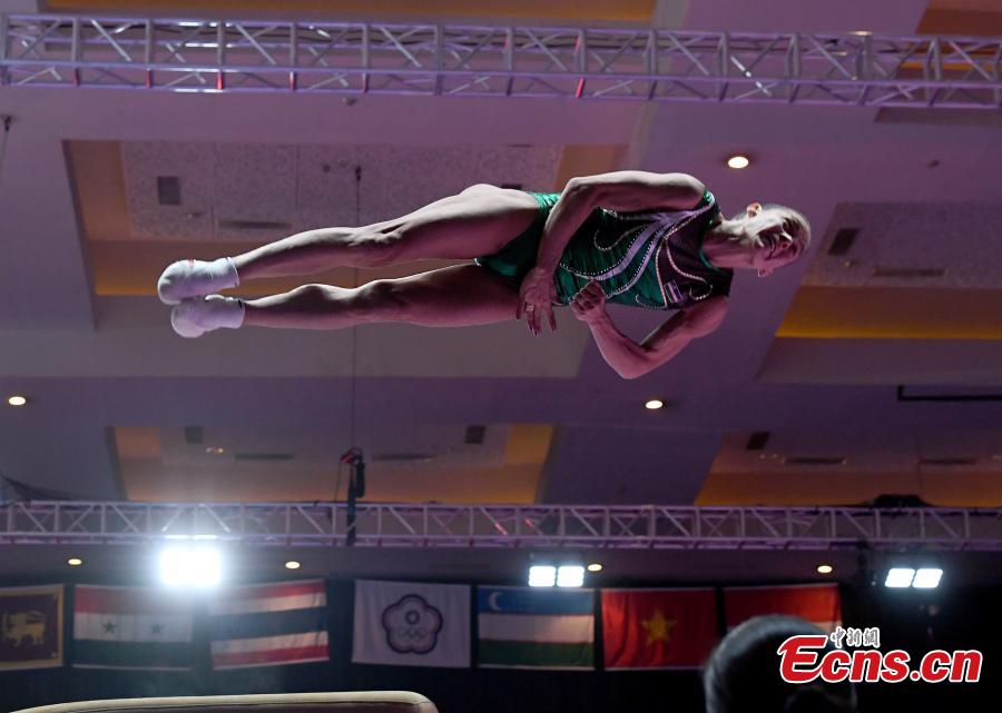 Uzbekistan\'s Oksana Chusovitina performs during the Artistic Gymnastics Women\'s Vault at the 2018 Asian Games in Jakarta, Indonesia, Aug.23, 2018. Chusovitina, 43 years old, won a silver medal in vault at the Asian Games. Chusovitina is a marvel of athletic longevity, with her international gymnastics career spanning nearly 30 years. (Photo: China News Service/Hou Yu)