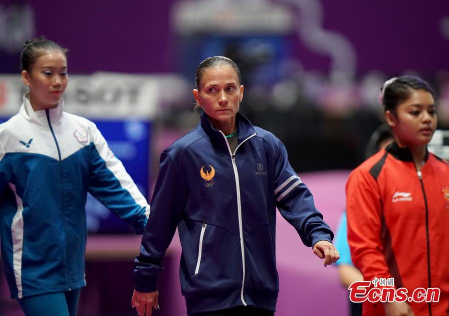 Uzbekistan\'s Oksana Chusovitina participates the Artistic Gymnastics Women\'s Vault at the 2018 Asian Games in Jakarta, Indonesia, Aug.23, 2018. Chusovitina, 43 years old, won a silver medal in vault at the Asian Games. Chusovitina is a marvel of athletic longevity, with her international gymnastics career spanning nearly 30 years. (Photo: China News Service/Hou Yu)