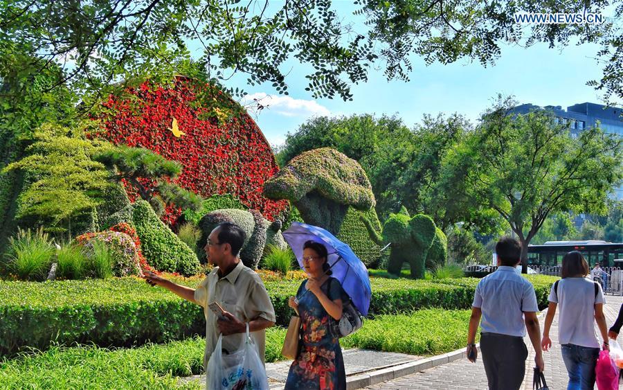 People walk past a parterre at the Chaoyangmen crossing in Beijing, capital of China, Aug. 23, 2018. Parterres were set up in Beijing to receive the upcoming Forum on China-Africa Cooperation (FOCAC) summit. (Xinhua/Li Xin)